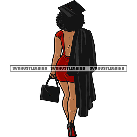 Graduate African American Woman Standing And Holding Bag Design Element Wearing Graduate Cap Afro Hairstyle White Background SVG JPG PNG Vector Clipart Cricut Silhouette Cut Cutting