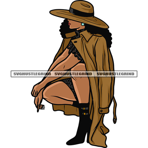 Gangster African American Woman Sitting Pose Wearing Coat And Hat Hide Face Design Element White Background SVG JPG PNG Vector Clipart Cricut Silhouette Cut Cutting