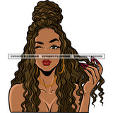 African American Cute Face One Eye Open And One Eye Close Design Element Wearing Hoop Earing Curly Long Hairstyle White Background SVG JPG PNG Vector Clipart Cricut Silhouette Cut Cutting