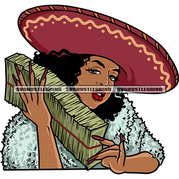 African American Woman Mexican Cuisine Hat Hand Holding Lot Of Money Bundle Long Nail Design Element Curly Hairstyle White Background SVG JPG PNG Vector Clipart Cricut Silhouette Cut Cutting
