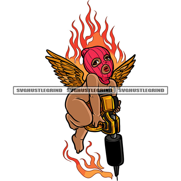 Gangster African American Angle Boy Hand Holding Big Drill Machine Afro Angel Wearing Ski Mask Fire Flying White Background Design Element SVG JPG PNG Vector Clipart Cricut Silhouette Cut Cutting