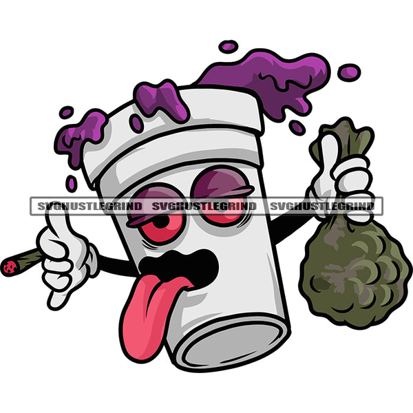 Funny Cup Cartoon Character Hand Holding Money Bag And Marijuana Roll White Background Red Eyes Coffee Dripping Design Element SVG JPG PNG Vector Clipart Cricut Silhouette Cut Cutting