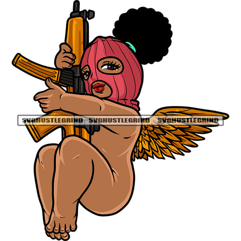 Gangster African American Baby Cute Angle Hand Holding Gun Afro Hairstyle Angle Wearing Ski Mask Design Element SVG JPG PNG Vector Clipart Cricut Silhouette Cut Cutting