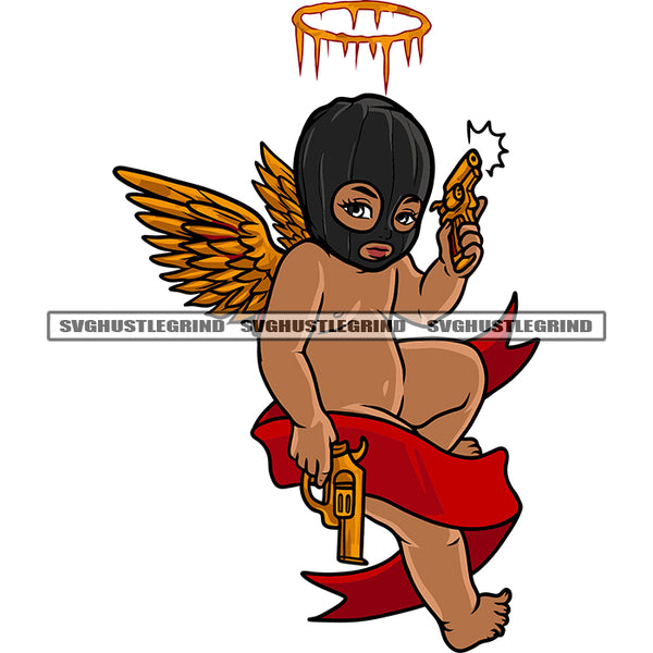 Gangster African American Angle Hand Holding Gun Wearing Ski Mask And Wings Crown Color Dripping Design Element SVG JPG PNG Vector Clipart Cricut Silhouette Cut Cutting