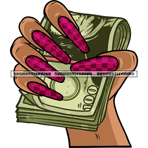 100 Dollar Bundle Hand Holding Woman African American Woman Hand And Long Nail Design Element White Background SVG JPG PNG Vector Clipart Cricut Silhouette Cut Cutting
