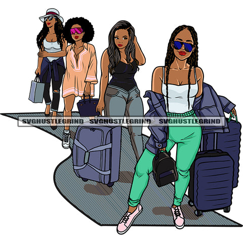 Gangster African American Traveling Woman Standing And Hand Holding Bag Design Element Afro Hairstyle Woman Wearing Sunglass SVG JPG PNG Vector Clipart Cricut Silhouette Cut Cutting