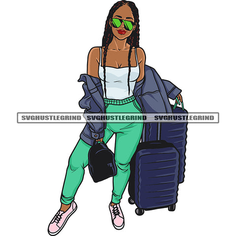 Traveler African American Woman Standing And Hand Holding Traveling Bag Wearing Sunglass Long Hairstyle Design Element SVG JPG PNG Vector Clipart Cricut Silhouette Cut Cutting