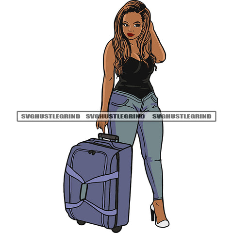 Sexy African American Woman Standing Trolley Bag Afro Golden Color Hairstyle Cute Face White Background On Side SVG JPG PNG Vector Clipart Cricut Silhouette Cut Cutting