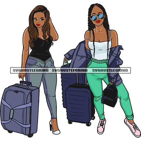 Two Sexy African American Woman Standing Trolley Bag Afro Golden Color Hairstyle Cute Face Wearing Sunglass White Background On Side SVG JPG PNG Vector Clipart Cricut Silhouette Cut Cutting