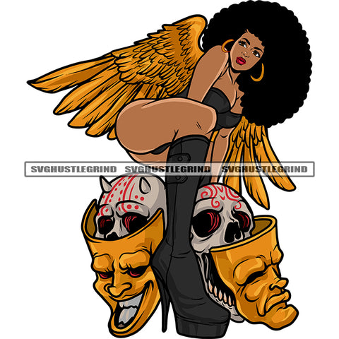 Gangster African American Woman Angle Wings Afro Puffy Hair Style Woman Wearing Hoop Earing Devil Skull Skeleton Wearing Face Mask SVG JPG PNG Vector Clipart Cricut Silhouette Cut Cutting