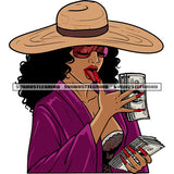 Gangster African American Sexy Woman Hand Holding Money Bundle And Counted Money Note Design Element Wearing Sunglass And Hat Curly Hairstyle Design Element SVG JPG PNG Vector Clipart Cricut Silhouette Cut Cutting