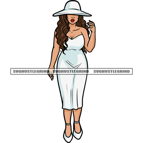 Sexy Plus Size Woman Standing And Wearing Cowboy Hat And White Dress Afro Long Hairstyle Design Element White Background Hide Eyes SVG JPG PNG Vector Clipart Cricut Silhouette Cut Cutting