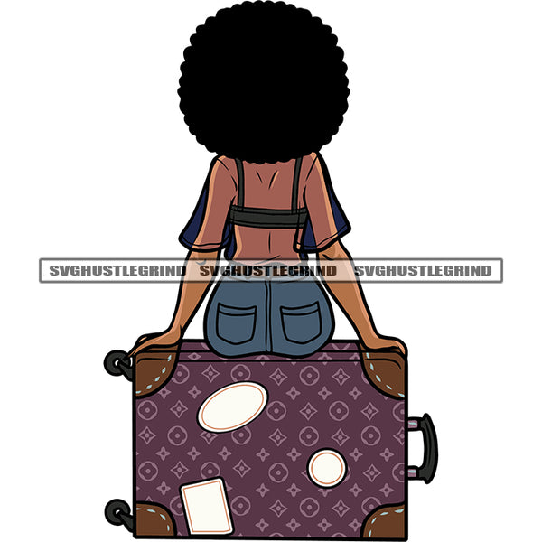 African American Woman Sitting On Travel Bag Afro Short Hairstyle Design Element White Background Afro Woman Back Side SVG JPG PNG Vector Clipart Cricut Silhouette Cut Cutting