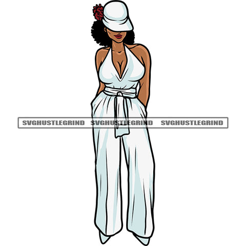 Sexy African American Woman Wearing Hat Sexy Woman Standing Design Element Afro Short Hairstyle White Background SVG JPG PNG Vector Clipart Cricut Silhouette Cut Cutting