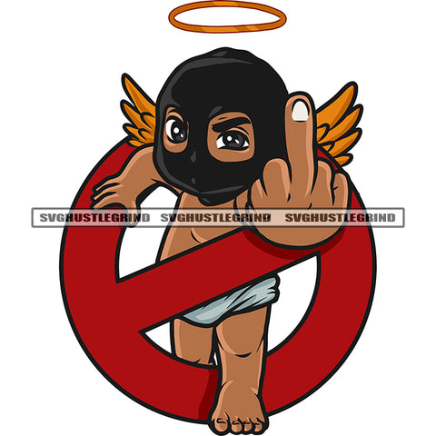African American Baby Angle Showing Middle Finger And Wearing Ski Mask Design Element Crown On Head Logo Artwork Wings White Background SVG JPG PNG Vector Clipart Cricut Silhouette Cut Cutting