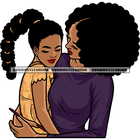 Afro Mom Holding His Daughter African American Super Mom Mother Afro Hairstyle Design Element Close Eyes Long Nail SVG JPG PNG Vector Clipart Cricut Silhouette Cut Cutting