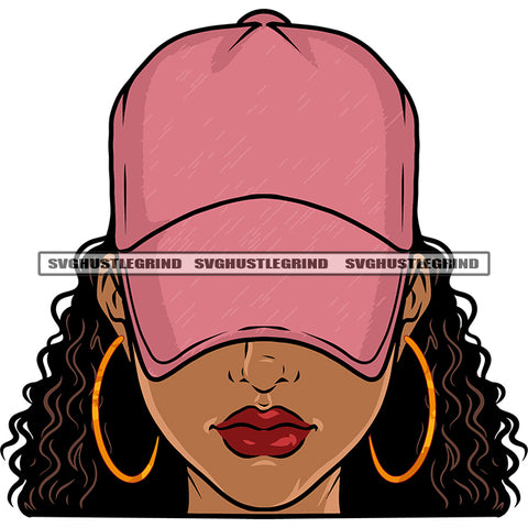 Gangster African American Woman Wearing Cap And Hoop Earing Curly Long Hairstyle Design Element White Background SVG JPG PNG Vector Clipart Cricut Silhouette Cut Cutting