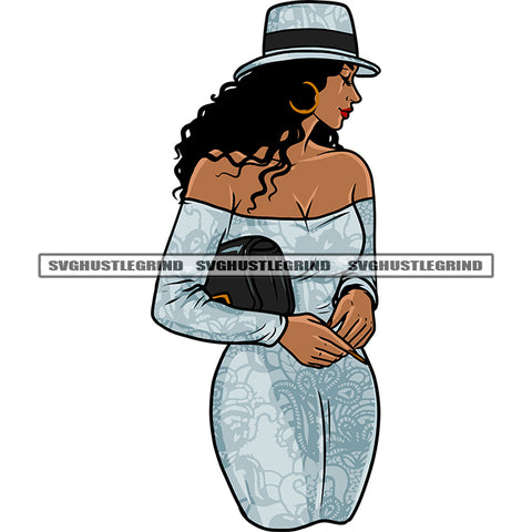 African American Woman Close Eyes And Wearing Hoop Earing And Cowboy Hat Afro Girls Close Eyes Model Pose Standing SVG JPG PNG Vector Clipart Cricut Silhouette Cut Cutting