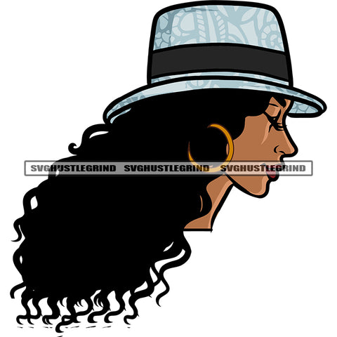Afro Woman Face Design Element Close Eyes Wearing Hoop Earing And Curly Hairstyle Cowboy Hat Design Element White Background SVG JPG PNG Vector Clipart Cricut Silhouette Cut Cutting