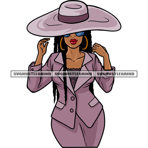 Sexy African American Hand Holding Cowboy Hat Cute Face Long Hairstyle Design Element Wearing Business Coat And Sunglass SVG JPG PNG Vector Clipart Cricut Silhouette Cut Cutting