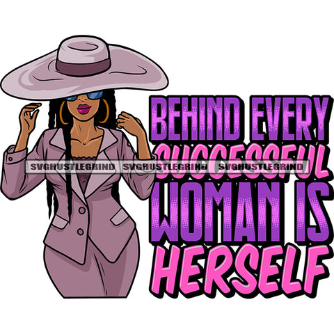 Behind Every Successful Woman Is Herself Quote Sexy African American Hand Holding Cowboy Hat Cute Face Long Hairstyle Design Element Wearing Business Coat And Sunglass SVG JPG PNG Vector Clipart Cricut Silhouette Cut Cutting