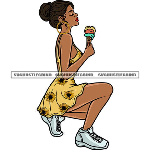 Sexy Woman Sitting Pose Hand Holding Ice-Cream African American Woman Close Eyes Wearing Big Hoop Earing Design Element SVG JPG PNG Vector Clipart Cricut Silhouette Cut Cutting