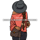 Afro Woman Hide Face On His Cowboy Hat Long Hairstyle Hand Holding Coffee Mug Afro Long Hairstyle Design Element White Background SVG JPG PNG Vector Clipart Cricut Silhouette Cut Cutting