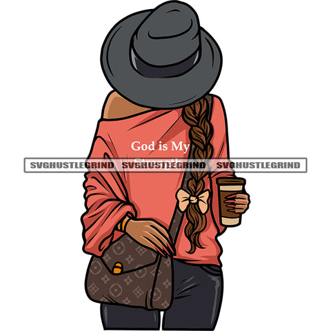 Afro Woman Hide Face On His Cowboy Hat Long Hairstyle Hand Holding Coffee Mug Afro Long Hairstyle Design Element White Background SVG JPG PNG Vector Clipart Cricut Silhouette Cut Cutting