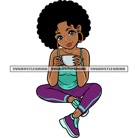Afro Girls Hand Holding Coffee Mug Wearing Hoop Earing Smile Face African American Puffy Hairstyle White Background SVG JPG PNG Vector Clipart Cricut Silhouette Cut Cutting