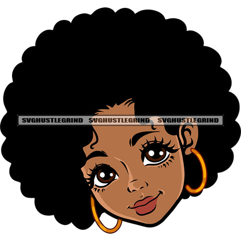 African American Girls Wearing Hoop Earing Short Hairstyle Cute Face Design Element White Background Beautiful Face SVG JPG PNG Vector Clipart Cricut Silhouette Cut Cutting