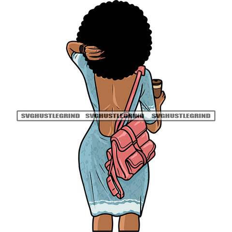 Gangster African American Woman Hand Holding Coffee Mug Bag On Hand Design Element Afro Puffy Hairstyle White Background SVG JPG PNG Vector Clipart Cricut Silhouette Cut Cutting