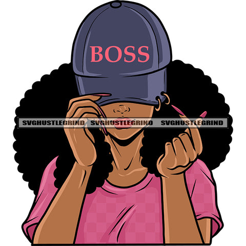 Boss Quote On Girls Cap African American Girls Hand Holding Cap Love Sign On Hand Curly Long Hairstyle Design Element SVG JPG PNG Vector Clipart Cricut Silhouette Cut Cutting