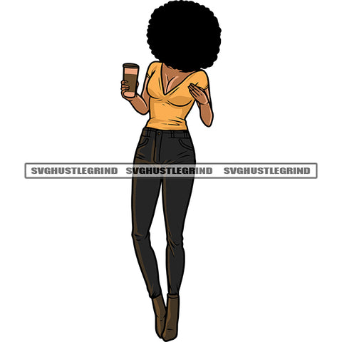 Sexy Slim Woman Hide Face On His Hair African American Woman Hand Holding Coffee Mug Design Element White Background SVG JPG PNG Vector Clipart Cricut Silhouette Cut Cutting