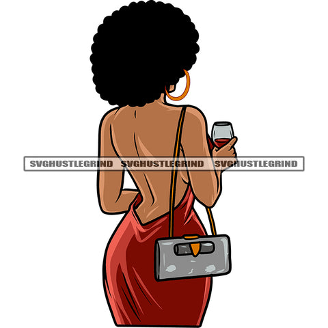 Sexy African American Woman Standing And Hand Holding Coffee Mug Afro Short Hairstyle Design Element Wearing Hoop Earing SVG JPG PNG Vector Clipart Cricut Silhouette Cut Cutting