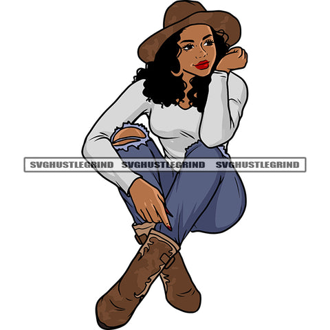 Cute African American Woman Sitting Smile Face Afro Woman Wearing Cowboy Hat Curly Long Hairstyle Design Element White Background SVG JPG PNG Vector Clipart Cricut Silhouette Cut Cutting