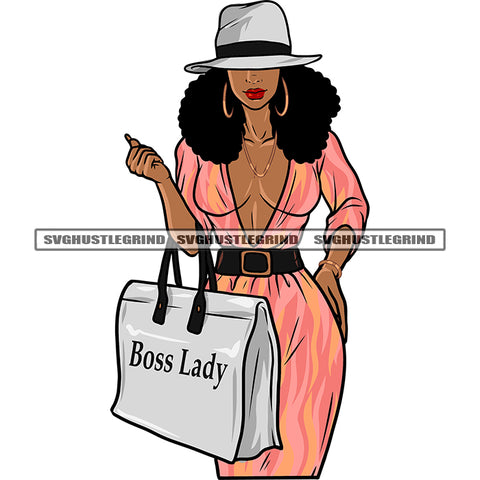 Boss Lady Quote On His Bag African American Woman Standing And Hand Holding Bag Wearing Cap Hoop Earing Curly Long Hairstyle Sexy Body Smile Face SVG JPG PNG Vector Clipart Cricut Silhouette Cut Cutting