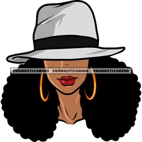 African American Woman Wearing Cowboy Hat And Hoop Earing Smile Face Afro Hairstyle White Background SVG JPG PNG Vector Clipart Cricut Silhouette Cut Cutting