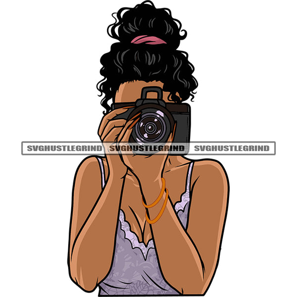 African American Girls Hand Holding Camera Take Photo Pose Design Element Short Afro Hairstyle White Background SVG JPG PNG Vector Clipart Cricut Silhouette Cut Cutting