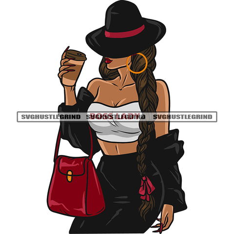Sexy Afro Woman Hand Holding Coffee Mug And Hide Face Design Element Wearing Hat And Hoop Earing Vector Long Hairstyle SVG JPG PNG Vector Clipart Cricut Silhouette Cut Cutting