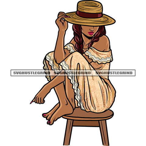 Cute Face African American Girl Sitting On Chair Wearing Cowboy Hat Afro Girl Beautiful Face Design Element White Background SVG JPG PNG Vector Clipart Cricut Silhouette Cut Cutting