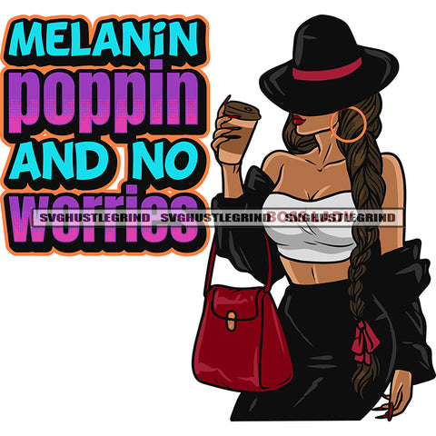 Melanin Poppin And No Worries Quote Sexy Afro Woman Hand Holding Coffee Mug And Hide Face Design Element Wearing Hat And Hoop Earing Vector Long Hairstyle SVG JPG PNG Vector Clipart Cricut Silhouette Cut Cutting