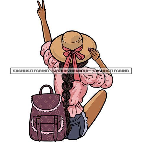 African American Woman Sitting Pose And Showing Peach Hand Sign Wearing Cowboy Hat Design Element School Bag On Floor SVG JPG PNG Vector Clipart Cricut Silhouette Cut Cuttingv
