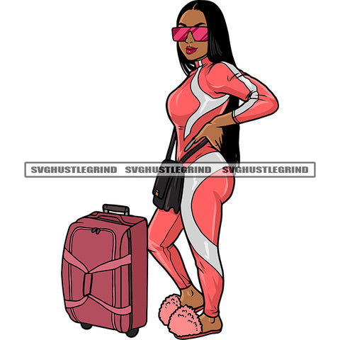 Plus Size Afro Woman Standing Wearing Sunglass Design Element Travel Girls Holding Bag SVG JPG PNG Vector Clipart Cricut Silhouette Cut Cutting