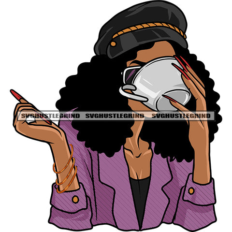 Afro Cute Girls Eating Coffee Mug Curly Long Hairstyle African American Woman Wearing Hat Design Element White Background SVG JPG PNG Vector Clipart Cricut Silhouette Cut Cutting