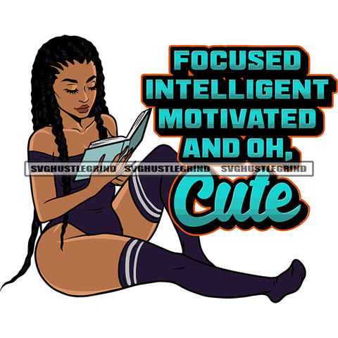 Focused Intelligent Motivated And Oh. Cute Quote African American Woman Sitting And Reading Book Pose Long Hairstyle Close Eyes SVG JPG PNG Vector Clipart Cricut Silhouette Cut Cutting