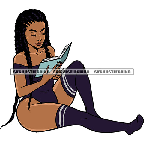 Sexy Gangster African American Woman Reading Book And Sitting Pose Close Eyes Design Element White Background SVG JPG PNG Vector Clipart Cricut Silhouette Cut Cutting