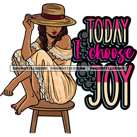Today I Choose Joy Quote Cute Face African American Girl Sitting On Chair Wearing Cowboy Hat Afro Girl Beautiful Face Design Element White Background SVG JPG PNG Vector Clipart Cricut Silhouette Cut Cutting