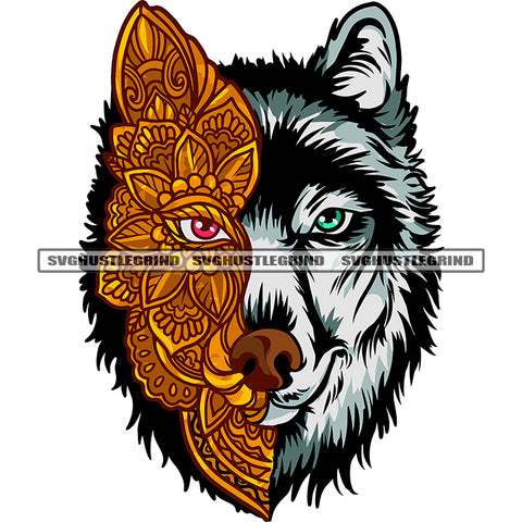 Half Wolf Face Design Element Mandala Wolf Hardcover Wolf Wearing Half Face Mask SVG JPG PNG Vector Clipart Cricut Silhouette Cut Cutting