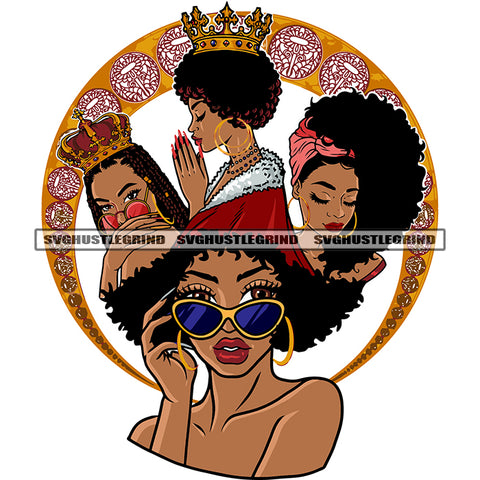 African American Woman Wearing Sunglass And Crown On Head Design Element Afro Woman Hard Praying Hand Logo SVG JPG PNG Vector Clipart Cricut Silhouette Cut Cutting