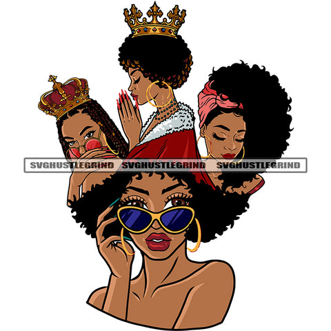 Gangster African American Woman Wearing Sunglass And Crown On Head Design Element Afro Woman Hard Praying Hand Logo SVG JPG PNG Vector Clipart Cricut Silhouette Cut Cutting